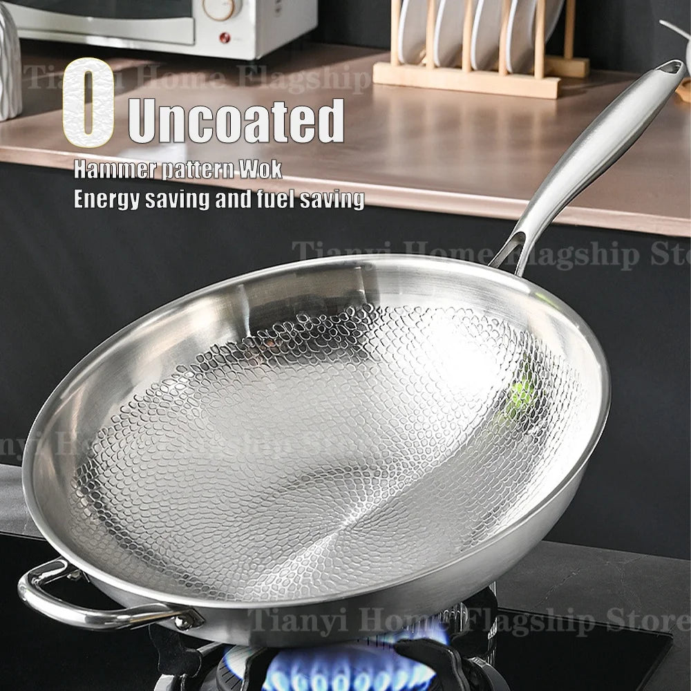 32/34cm Titanium Stainless Steel Frying Pan Non-stick Wok Home Egg Steak Skillet Induction Gas Stove Cooking Kitchen Cookware