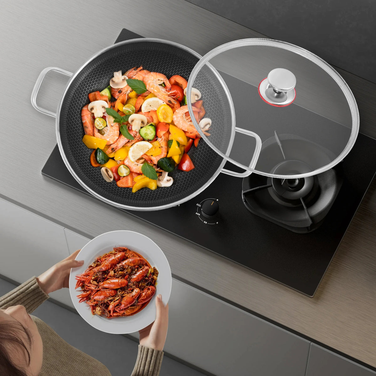 Non-stick Cookware with Lid, Stainless Steel Frying Pan, Modern Cooking Pan for Sauteing, Deep-Frying