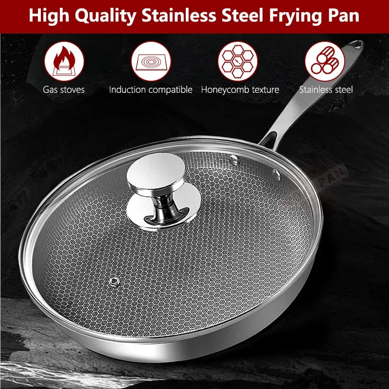 26/28cm Frying Pans with Lid,Stainless Steel Nonstick Frying Pan Honeycomb Skillet for Gas Electric Induction Ceramic Stoves