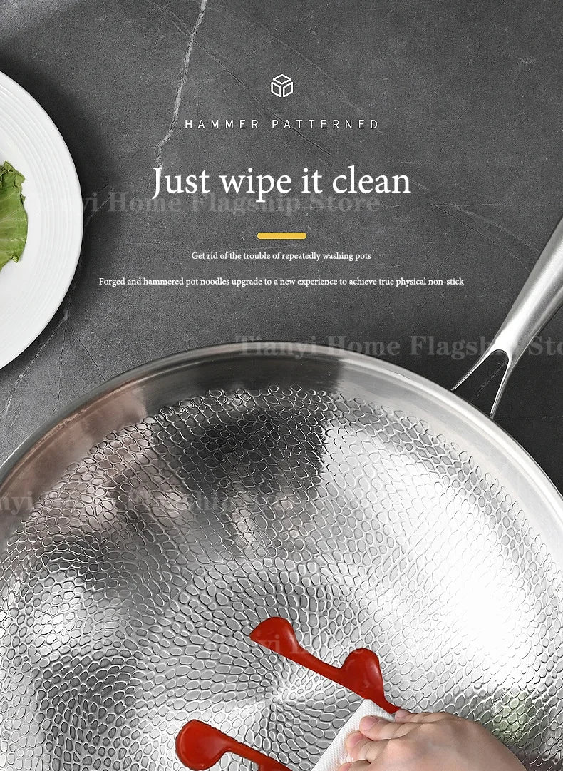 32/34cm Titanium Stainless Steel Frying Pan Non-stick Wok Home Egg Steak Skillet Induction Gas Stove Cooking Kitchen Cookware