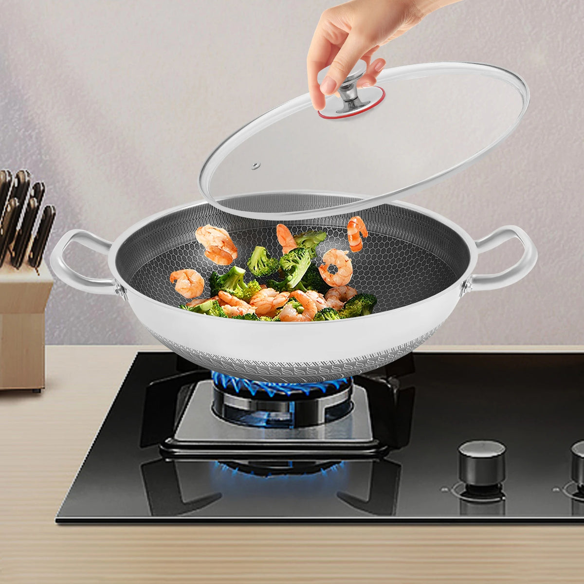 Non-stick Cookware with Lid, Stainless Steel Frying Pan, Modern Cooking Pan for Sauteing, Deep-Frying