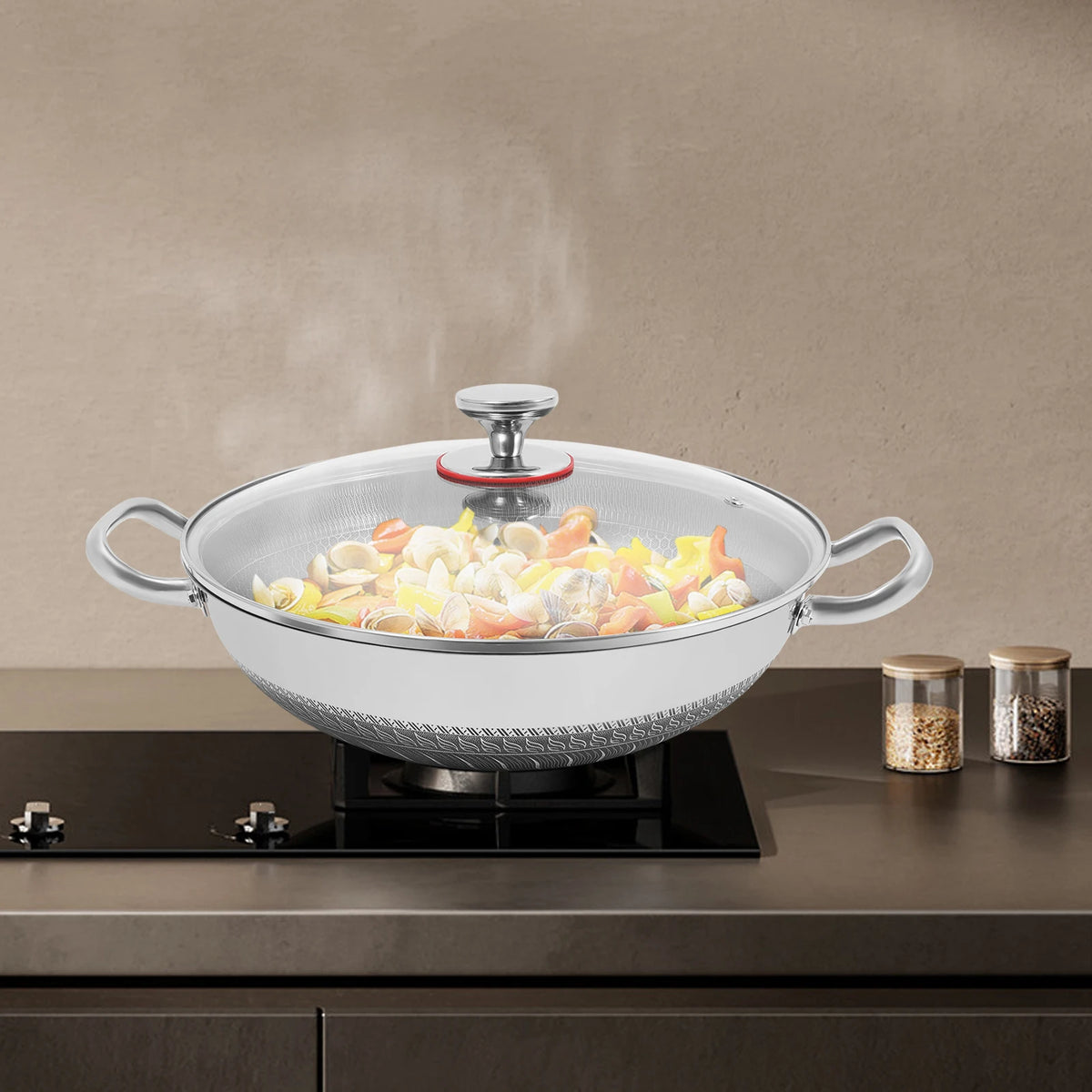 Non-stick Cookware with Lid, Stainless Steel Frying Pan, Modern Cooking Pan for Sauteing, Deep-Frying