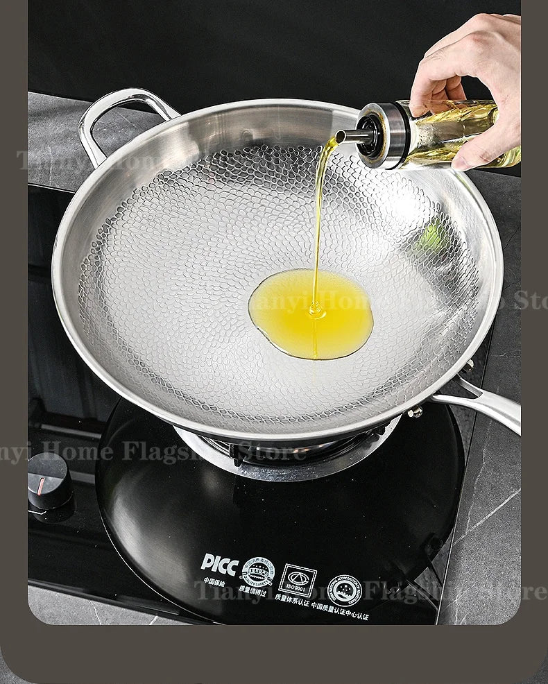 32/34cm Titanium Stainless Steel Frying Pan Non-stick Wok Home Egg Steak Skillet Induction Gas Stove Cooking Kitchen Cookware